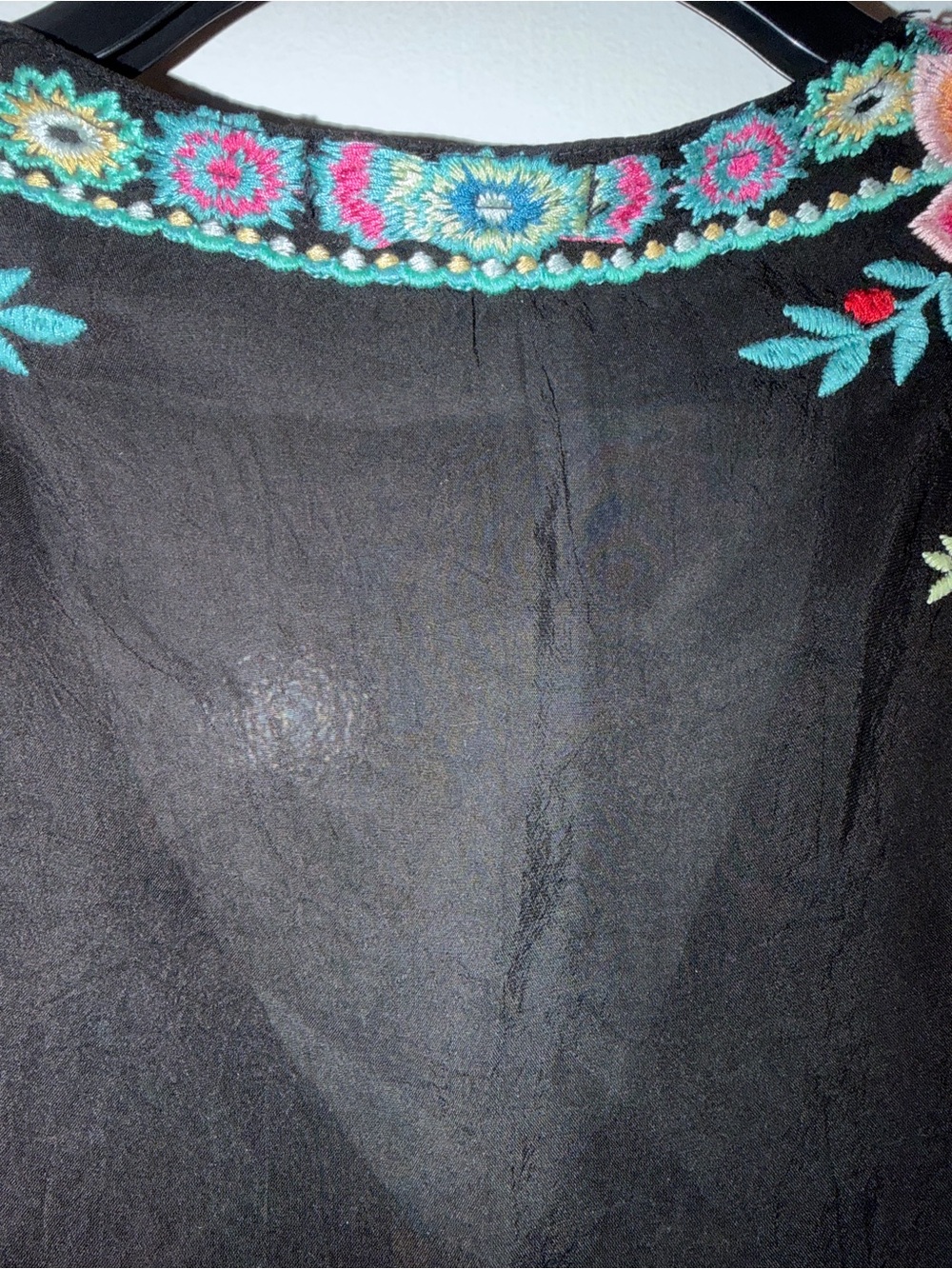 Johnny Was Black Sheer Floral Embroidered V-Neck 3/4 Sleeve Tunic Sz L - Picture 5 of 7